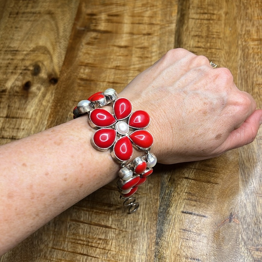 Ref Coral & Pearl Flower Adjustable Statement Bracelet